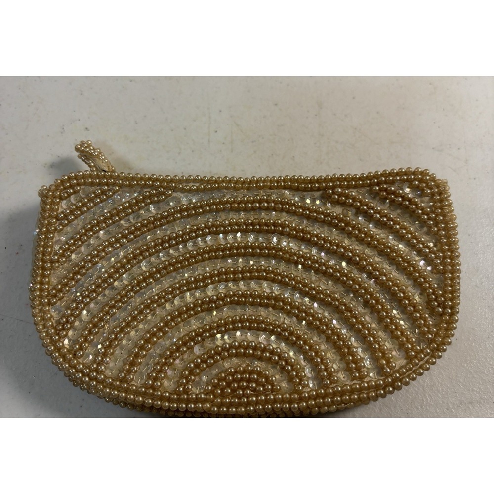 David's Import Clutch Purse Bag Cream Sequin Bead Zip Phone Size Japan Nice Vtg